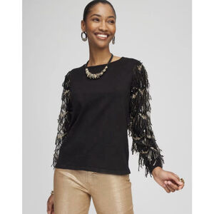 Chico's Sequin Ruffle Pullover Sweater XXL Black & Gold Sequin Fringe Party Chic